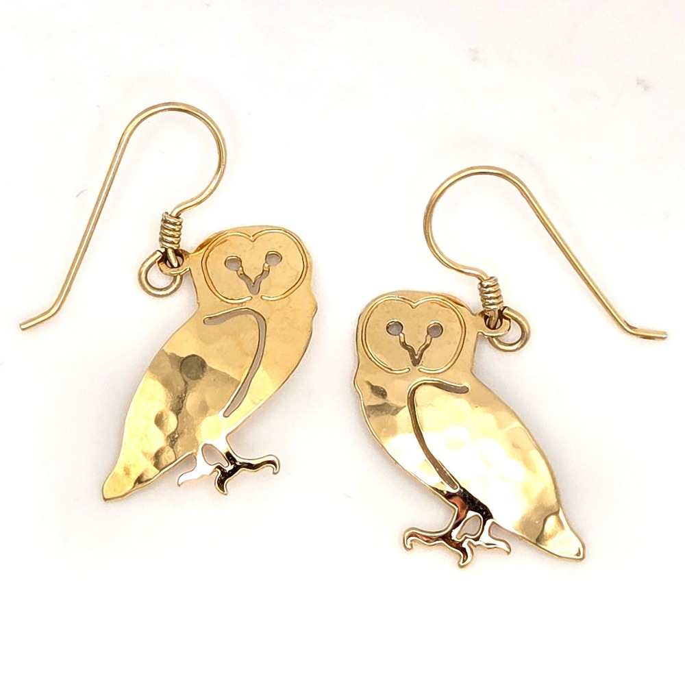 Wild Bryde Barn Owl Earrings 14k Gold Filled Hammered Brass Dangle Hooks USA